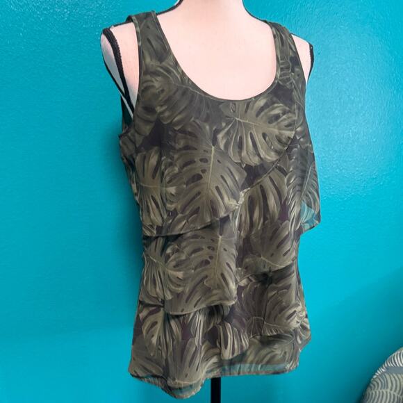 Michael Kors Green Botanical Layered Ruffle Round Neck Sleeveless Blouse Medium - Picture 2 of 12